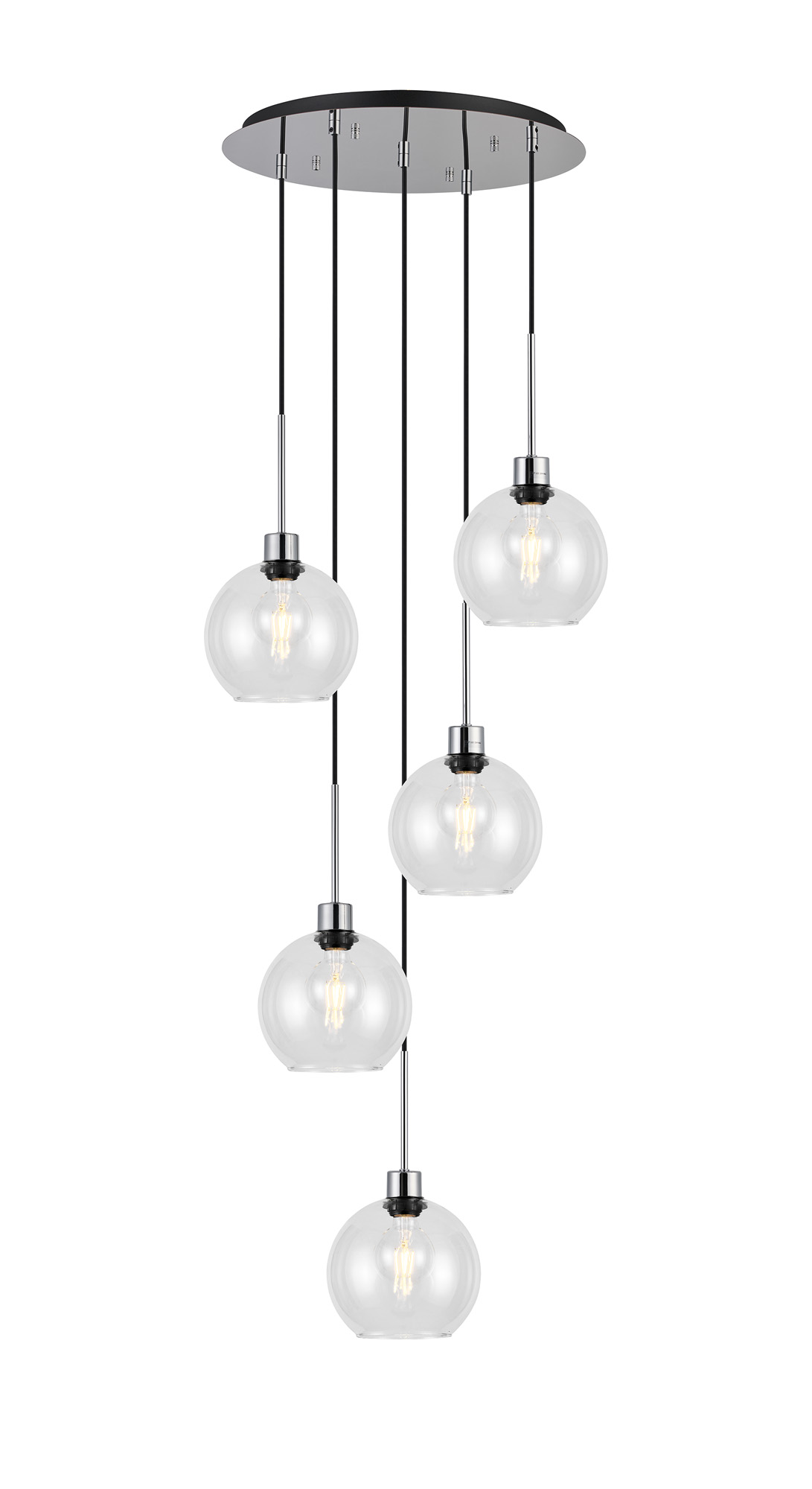 DK1286  Lori 45cm Round Pendant, 5 Light Adjustable E27, Polished Chrome/Clear Open Mouth Round Globe Shades